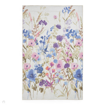 Washable Catherine Lansfield Country Floral Lightweight Printed Polyester Flatweave Cream/Purple/Pink/Blue Rug-Think Rugs-Rug Love - The Most Loved Rug Store